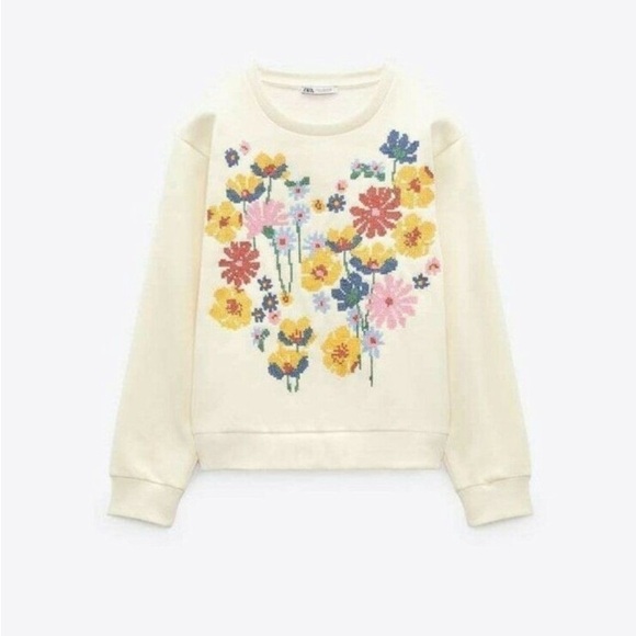 ZARA FLORAL EMBROIDERED Floral SWEATSHIRT Sz S Bloggers Favorite Winter Feminine - Picture 3 of 16